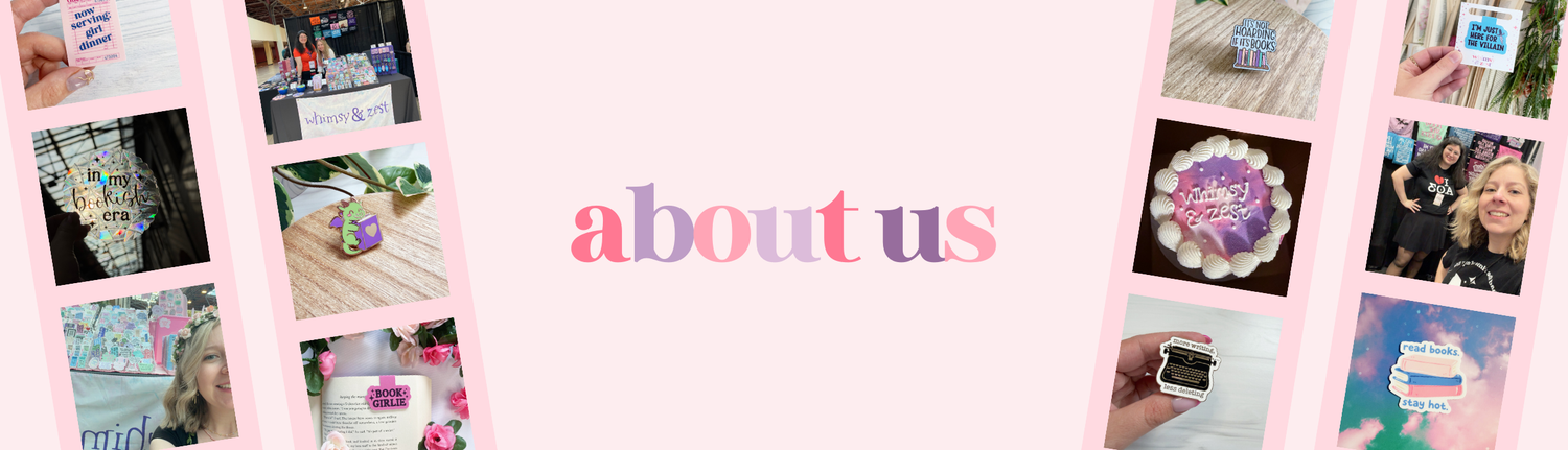 A pink 'about us' banner with a central title and multiple tilted photo panels along the sides showing product photos.