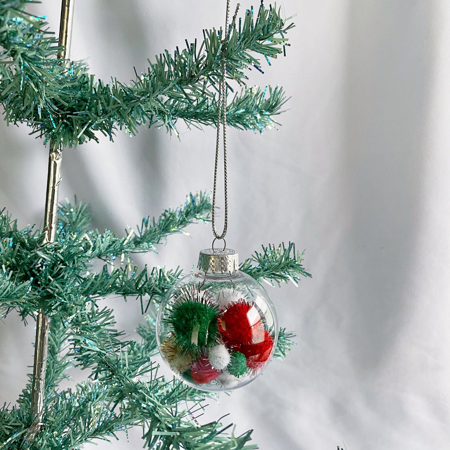 Christmas tinsel pom pom ornament