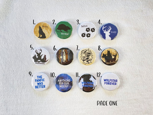 Marauders, fanfic, & wizard rock buttons - individuals