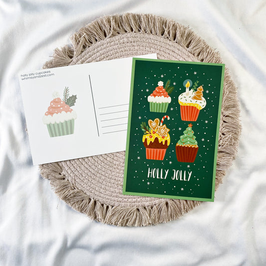 holly jolly cupcakes postcard - set of 5