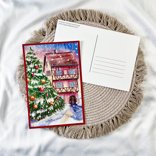 snowy house and tree postcard - set of 5